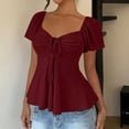 thumbnail image 1 of Eyelet Embroidery Blouse for Women Short Puff Sleeve Sweetheart Neck Tie Front Cinched Waist Peplum Style Slim Fit Elegant Summer Party Top, 1 of 9