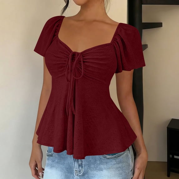 Eyelet Embroidery Blouse for Women Short Puff Sleeve Sweetheart Neck Tie Front Cinched Waist Peplum Style Slim Fit Elegant Summer Party Top