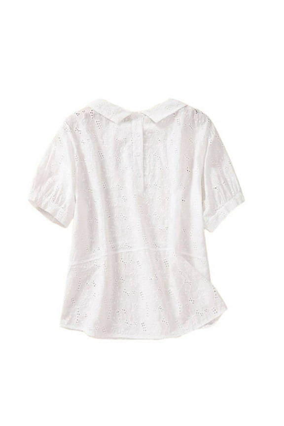 Eyelet Embroidery Tops for Women Cotton Linen Lapel Collared Shirts Short Sleeve Tees Dressy Casual Peasant Blouses