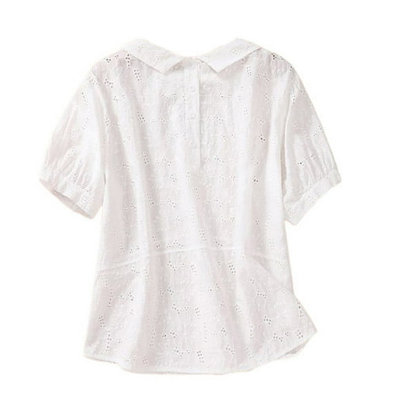 Eyelet Embroidery Tops for Women Cotton Linen Lapel Collared Shirts Short Sleeve Tees Dressy Casual Peasant Blouses
