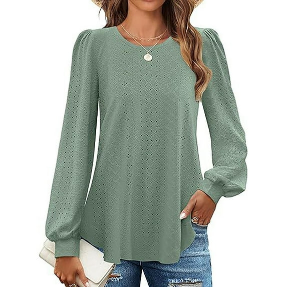 Eyelet Lace Sweatshirts for Women Long Puff Sleeve Crew Neck Tunic Tops Fall Fashion Trendy Solid Color Loose Casual Blouses