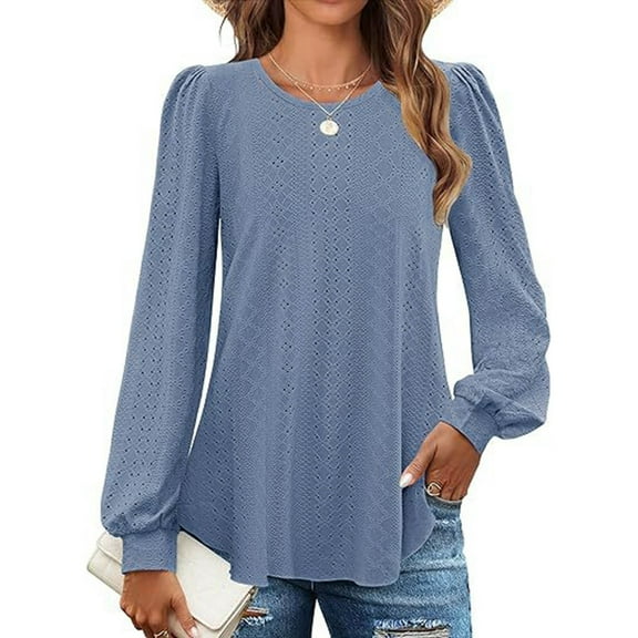 Eyelet Lace Sweatshirts for Women Long Puff Sleeve Crew Neck Tunic Tops Fall Fashion Trendy Solid Color Loose Casual Blouses