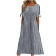 thumbnail image 1 of Eyelet Maxi Dress for Womens Summe Elastic High Waist Sundress Beach Party Dress Belt Sun-Dress Lace-Up Adjustable Dresses Loose Flowy Sundresses Beach Party Holiday Dresses with Pockets, 1 of 4
