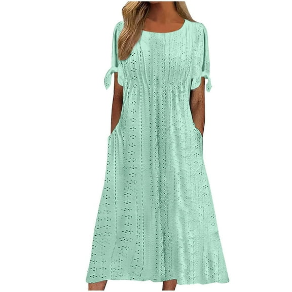 Eyelet Maxi Dress for Womens Summe Elastic High Waist Sundress Beach Party Dress Belt Sun-Dress Lace-Up Adjustable Dresses Loose Flowy Sundresses Beach Party Holiday Dresses with Pockets