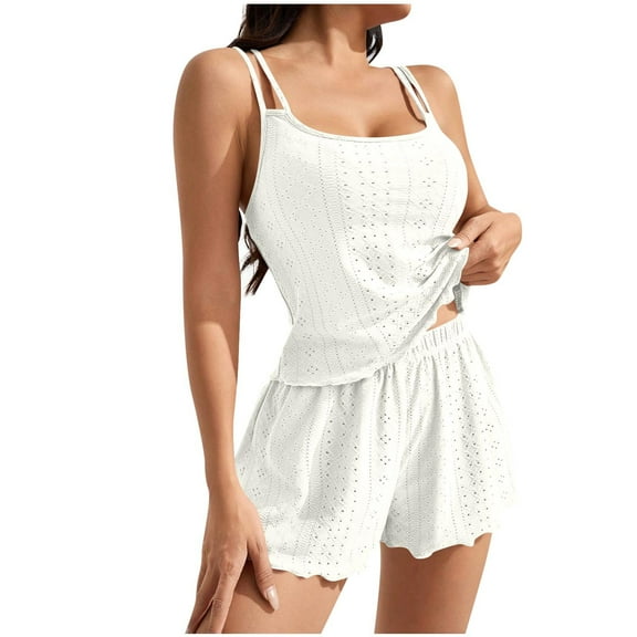 Eyelet Pajamas Set for Women Sexy Cami Tops and Shorts Sleepwear Sets 2 Piece Fashion Crochet Hollow Out Outfit