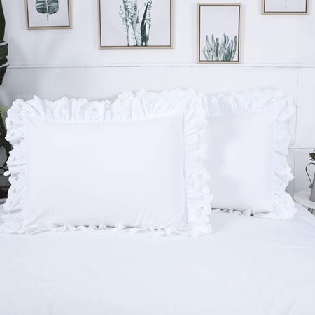 Eyelet Pillow Shams White Lace Ruffled Standard Shabby Chic Set of 2 Pillowcases Scalloped Farmhouse Country French Pretty Girls Cute Ruffle Embroidered 2 Pieces 20×26 Vintage Cotton 100%