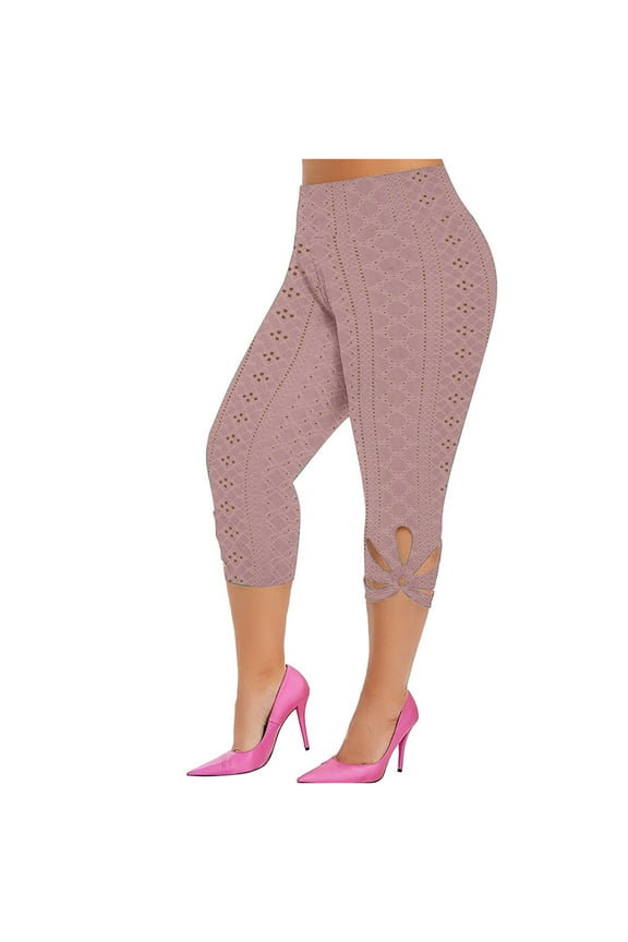 Eyelet Plus Size Capri Leggings for Curvy Women Cut Out High Waist Stretch Slimming Summer Casual Jeggings S-5X (3X-Large, Watermelon Red)