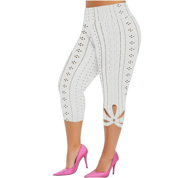 Eyelet Plus Size Capri Leggings for Curvy Women Cut Out High Waist Stretch Slimming Summer Casual Jeggings S-5X (Medium, White)