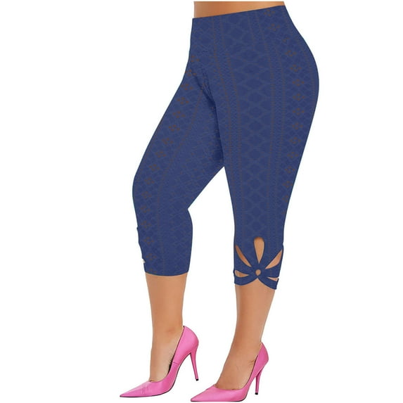 Eyelet Plus Size Capri Leggings for Curvy Women Cut Out High Waist Stretch Slimming Summer Casual Jeggings S-5X (XX-Large, Blue)