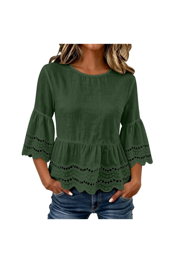 Eyelet Scalloped Peplum Blouse Round Neck Flared Bell Three Quarter Sleeve Solid Loose Casual Top for Women Spring Summer Daily Wear S-XXL