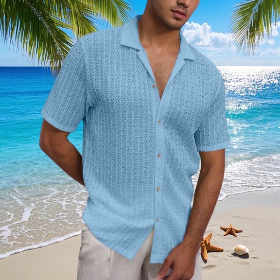 Eyelet Shirts for Men Short Sleeve Button-Down Collared Tshirts Shirt Mens Casual Solid Color Breathable Going-Out Beach T-Shirts Tops