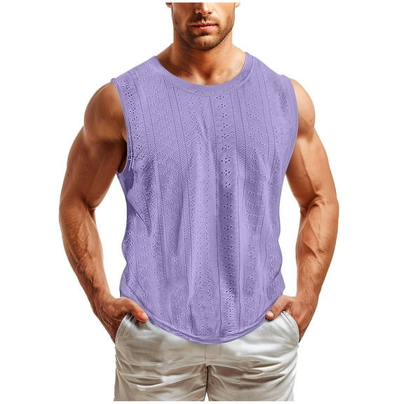 Eyelet Tank Tops for Men Sleeveless Crewneck Undershirts Shirts Mens Casual Solid Color Pullover Breathable Hollow-Out Athletic Workout Tanks Vests