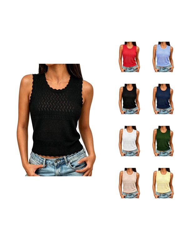 Eyelet Tank Tops for Women 2026 Summer Hollow out Wave Trim Crewneck Sleeveless Blouses Beach Vacation Shirt