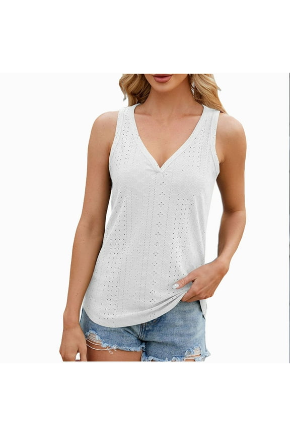 Eyelet Tank Tops for Women Casual V Neck Cami Shirt Summer Crochet Camisole Dressy Sleeveless Blouse Loose Tunic Top