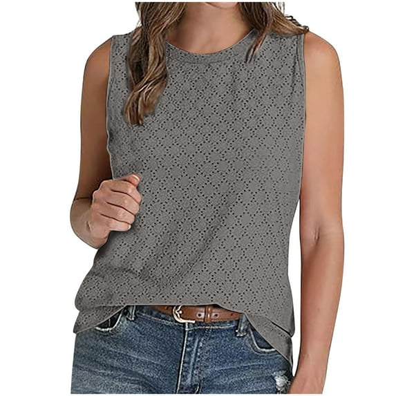 Eyelet Tank Tops for Women Round Neck Sleeveless Shirts Loose Fit Tunics Tank Plain Basic Camisole Lounge Dressy Cami Beach Holiday Vest