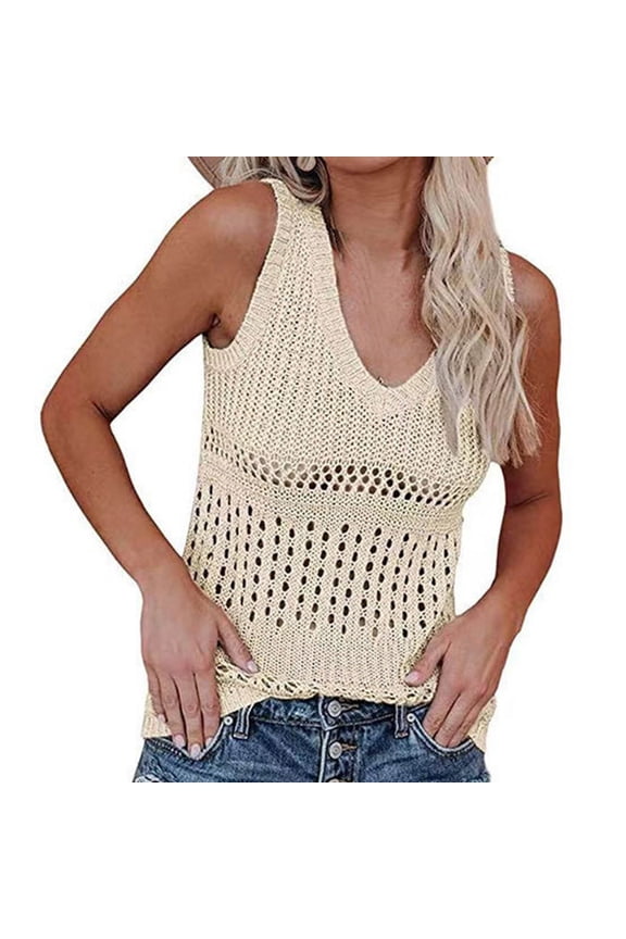 Eyelet Tank Tops for Women Summer Boho Tanks Sleeveless V Neck Pullover Top Crochet Knit Vest Vacation Outfits casual boho tank