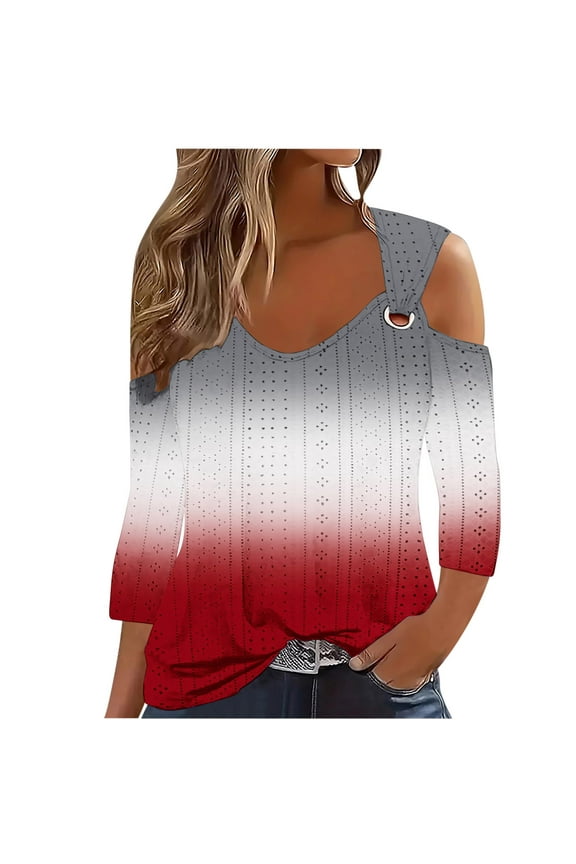 Eyelet Tops Cold Shoulder Tops for Women 3/4 Sleeve Plus Size Summer Crochet Embroidery Sexy Casual Elegant Blouse Red XXXXL