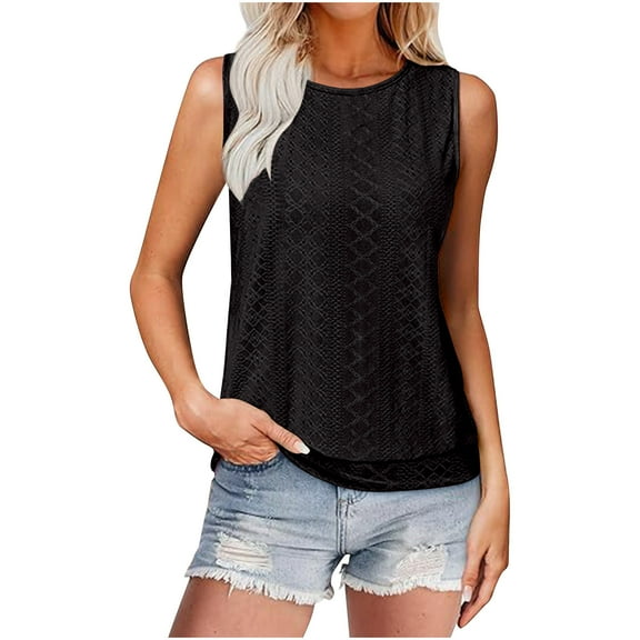 Eyelet Tops For Women Round Neck Sleeveless Tee Solid Causal Camisole Classic Dressy Vest Slim Fitted Cami Office Work Blouses Summer