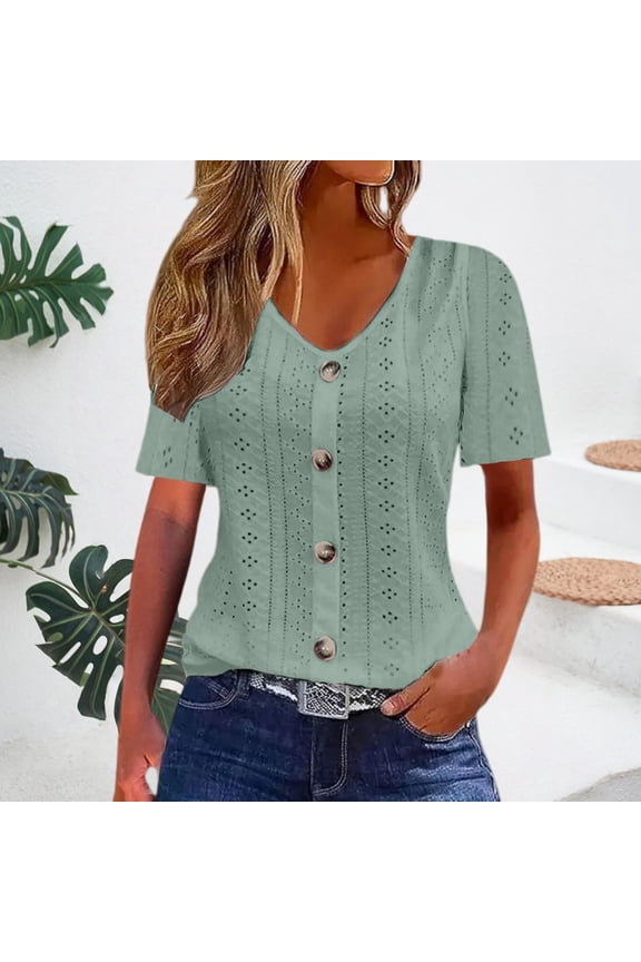 Eyelet Tops for Women Button Up Shirt Button Dressy Shirts Peasant Blouses Tshirts Shirts Gauze Shirts T-Shirts Shirts for Women Tunic Tops Womens Summer Tops Eyelet Sleeve Tops Green L