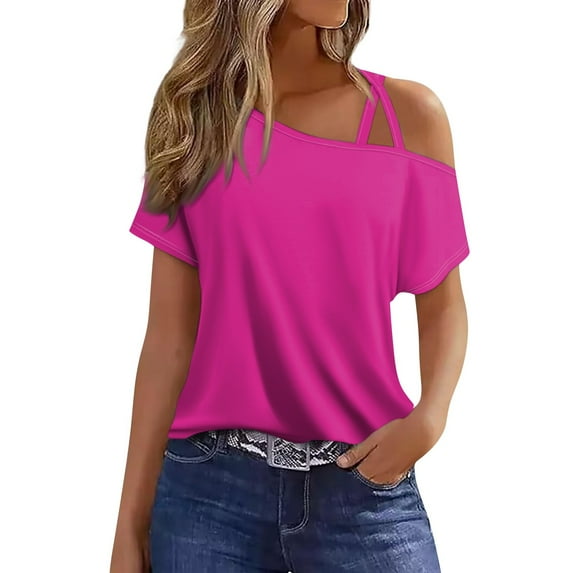 Eyelet Tops For Women, Spring Casual Sexy Cold Shoulder Short Sleeve T-Shirt Top Half Women Layering Sleeveless Tops Crop Womens Fashion 3/4 Tops Yoga Casual Tops Yoga (S, Hot Pink) Unbranded