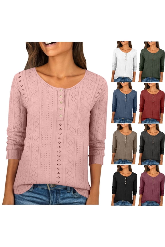 Eyelet Tops for Women 3/4 Length Sleeve T-Shirts Henley Crew Neck Tee Dressy Casual Blouase Plain Tshirts (XL, Pink)