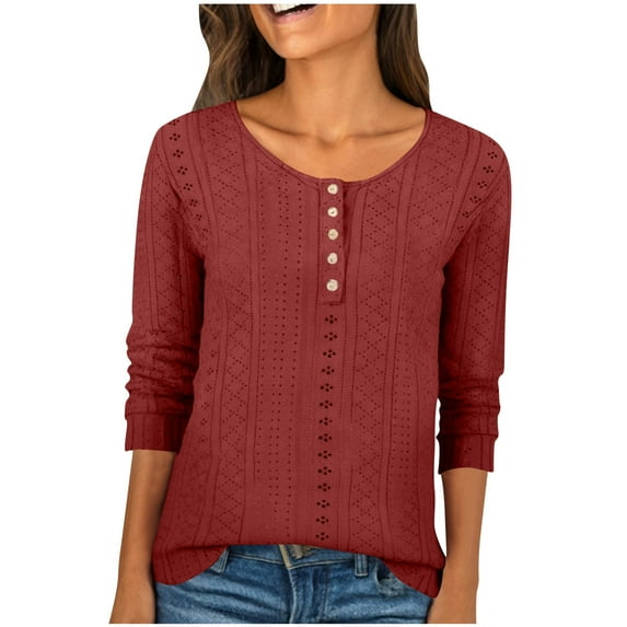 Eyelet Tops for Women 3/4 Length Sleeve T-Shirts Henley Crew Neck Tee Dressy Casual Blouase Plain Tshirts (XL, Red)