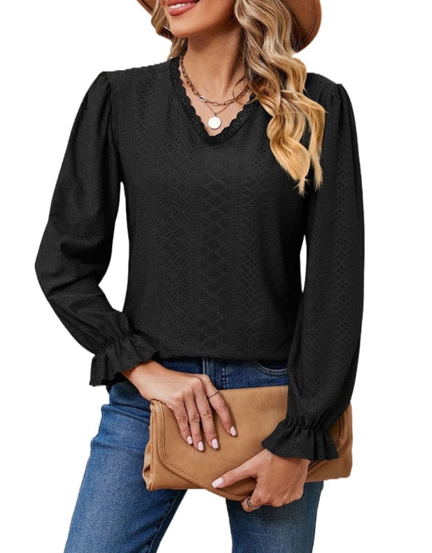 Eyelet Tops For Women Lace V Neck Puff Long Sleeve Dressy Business Casual Work Shirts Fall Tunic 4407