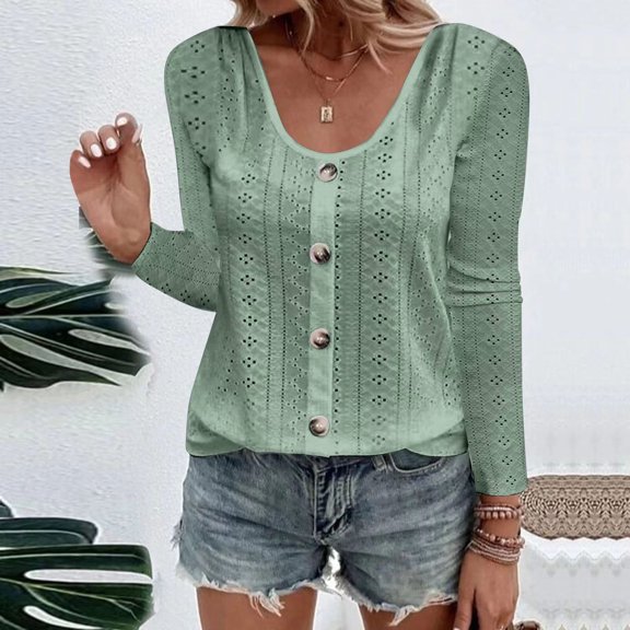 Eyelet Tops for Women Plus Size S-5X Trendy Hollow Out Long Sleeve Button Round Neck T Shirts Casual Solid Comfort Pullover Blouses Tshirts