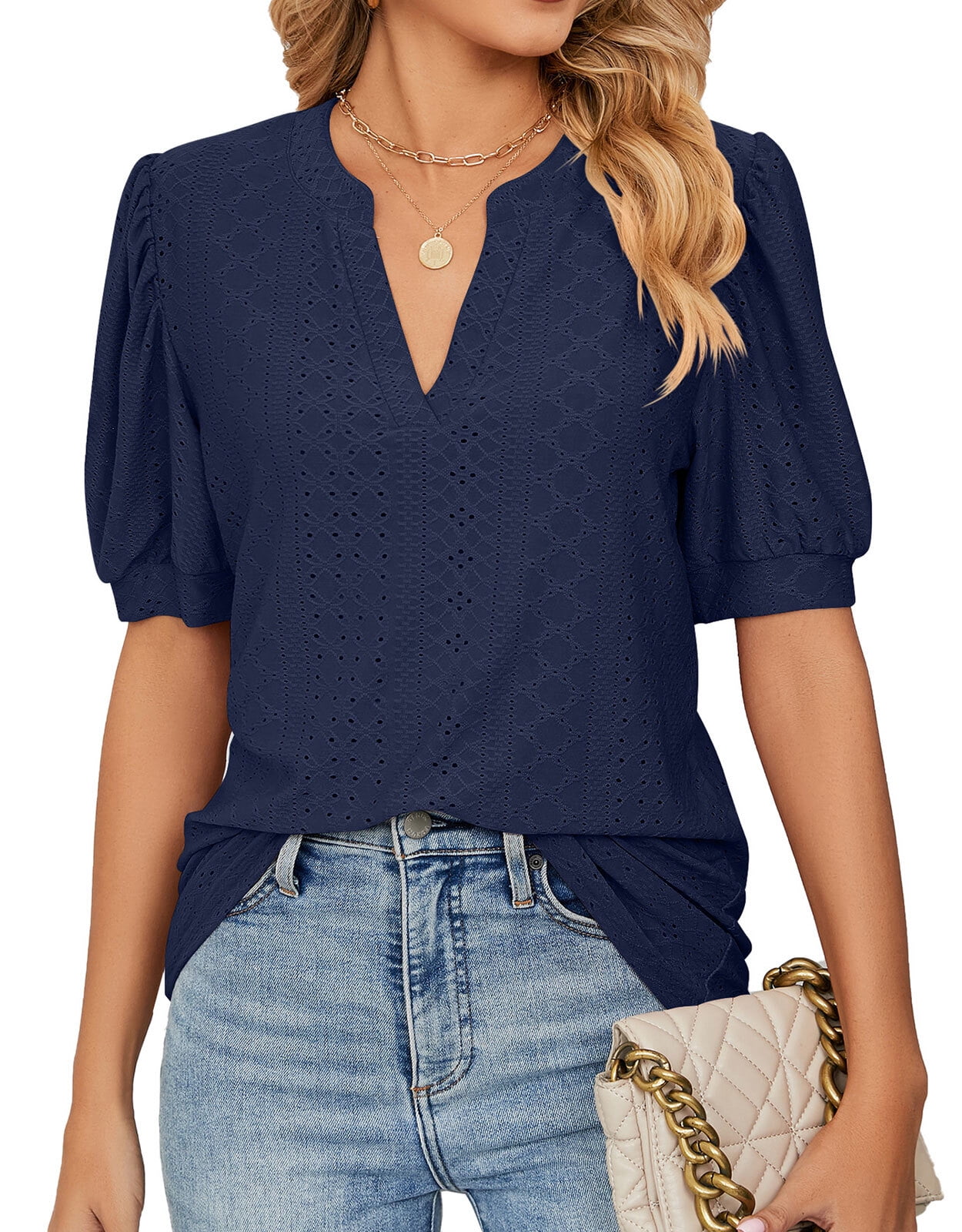 Eyelet Tops for Women Summer 2024 Notch VNeck Cute Puff Sleeve Eyelet