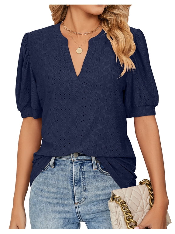 Eyelet Tops for Women Summer 2025 Notch V-Neck Cute Puff Sleeve Eyelet T-Shirts Casual Loose Tee Blouses Shermie