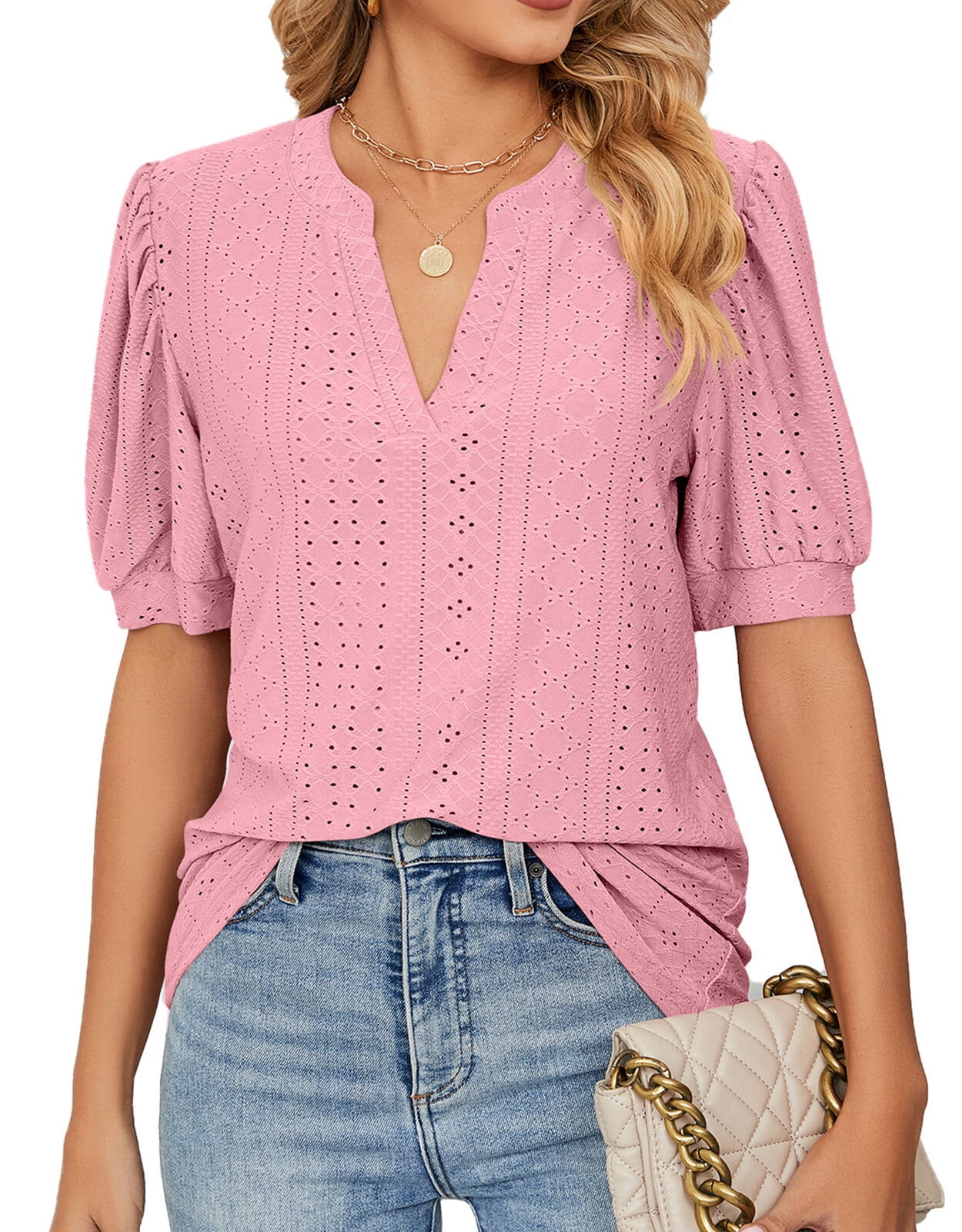 Eyelet Tops for Women Summer 2024 Notch VNeck Cute Puff Sleeve Eyelet