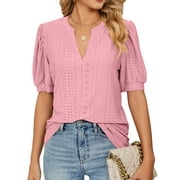 Eyelet Tops for Women Summer 2025 Notch V-Neck Cute Puff Sleeve Eyelet T-Shirts Casual Loose Tee Blouses Shermie