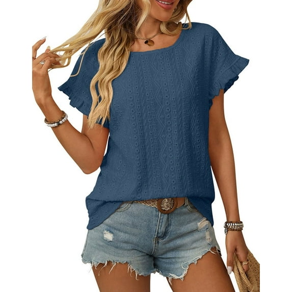 Eyelet Tops for Women Summer 2025 Scoop Neck Cute Ruffled Short Sleeve T-Shirts Elegant Sweet Lady Tunic Blouses Shermie