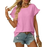 Eyelet Tops for Women Summer 2025 Scoop Neck Cute Ruffled Short Sleeve T-Shirts Elegant Sweet Lady Tunic Blouses Shermie