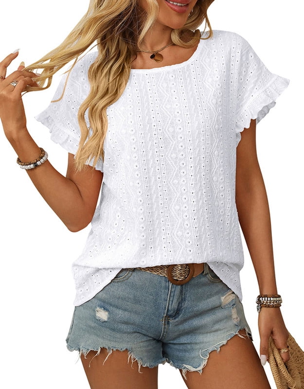 Eyelet Tops for Women Summer 2025 Scoop Neck Cute Ruffled Short Sleeve T-Shirts Elegant Sweet Lady Tunic Blouses Shermie