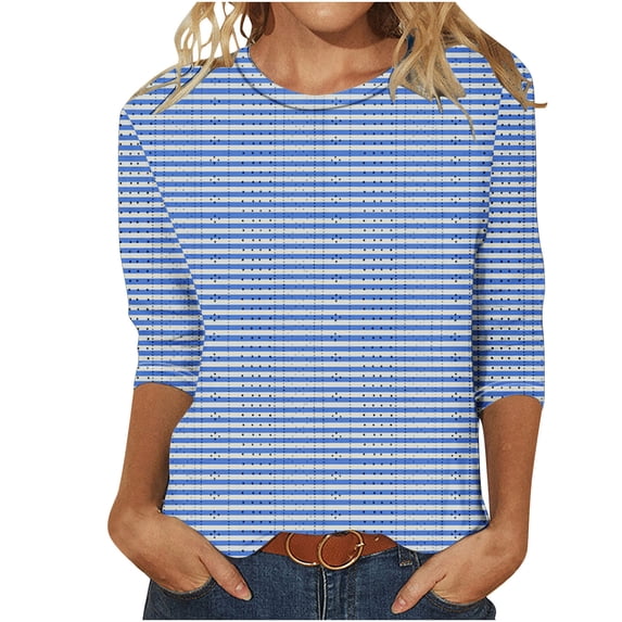 Eyelet Tops for Women Summer Trendy 3/4 Sleeve Striped Shirts 2024 Womens Dressy Casual Crew Neck Loose Fit Tshirts,Sky Blue,Large
