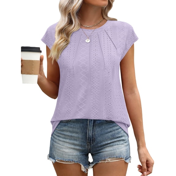 Eyelet Tops for Women Trendy Short Sleeve Shirts Dressy Casual Cap Sleeve Summer Blouses