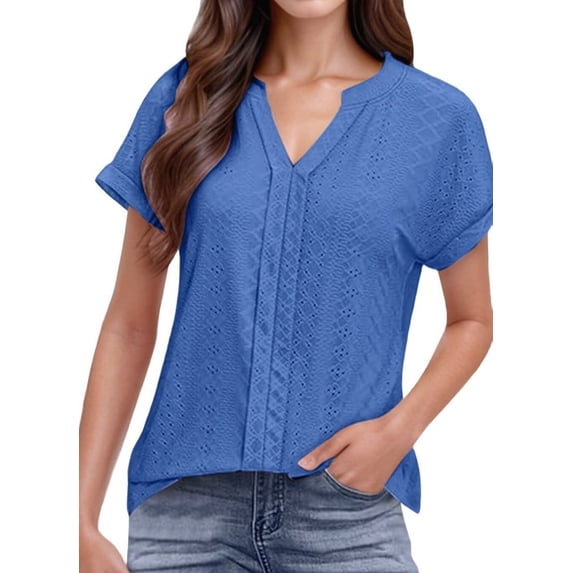 Eyelet Tops for Women V Neck Short Sleeve Embroidery Tshirts Shirts Summer Trendy Casual Loose Beach Blouse Blue XXL