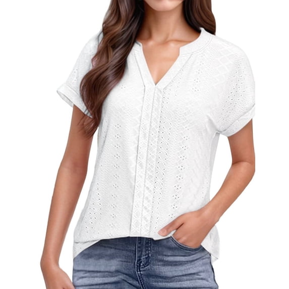 Eyelet Tops for Women V Neck Short Sleeve Embroidery Tshirts Shirts Summer Trendy Casual Loose Beach Blouse White S