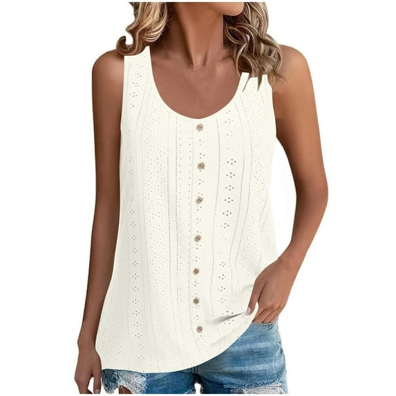 Eyelet Tunic Top for Women U Neck Sleeveless Shirts Button Down Camisole Plain Basic Vest Slim Fit Cami Dressy Trendy Blouses Beach Vacation Clothes 2025 Summer