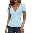 thumbnail image 1 of Eyelet Wrap Tops for Women V Neck Short Sleeve Shirts with Side Button Ruched Tunics Blouse Business Casual Outfits Going Out Tops 2026 Summer Beach Vacation Outfits, 1 of 9