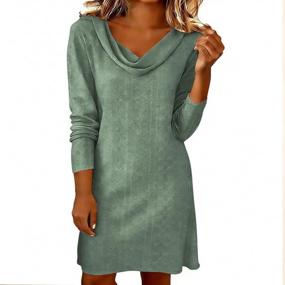 Eyelets Dresses for Women - Cowl Neck Loose Crewneck Long Sleeve Casual Summer Hollowed Out Keyhole Tunic Mini Dress
