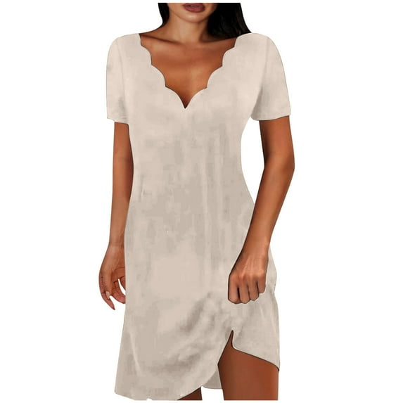 Eyelets Dresses for Women Summer Scallop V Neck Short Sleeve A Line Casual Knee Lenght Dress