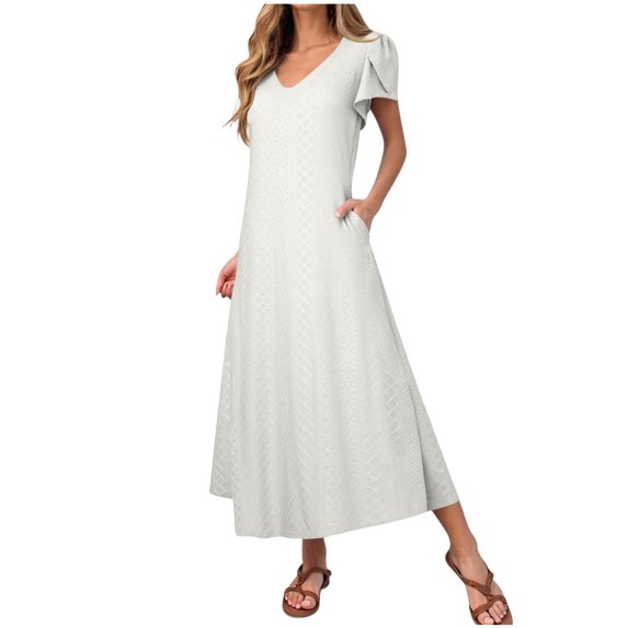 Eyelets Maxi Dress for Women 2025 Summer Petal Sleeves Casual V Neck Long Beach Vacation Dresses with Pockets for Wedding Guest