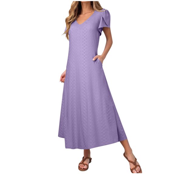 Eyelets Maxi Dress for Women 2025 Summer Petal Sleeves Casual V Neck Long Beach Vacation Dresses with Pockets for Wedding Guest
