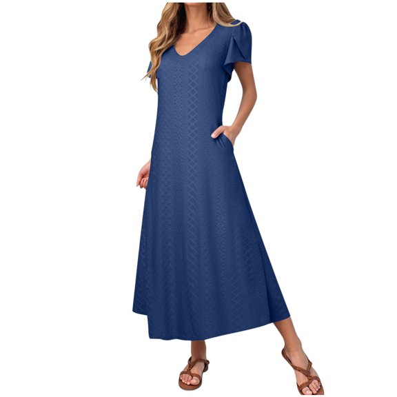 Eyelets Maxi Dress for Women 2025 Summer Petal Sleeves Casual V Neck Long Beach Vacation Dresses with Pockets for Wedding Guest