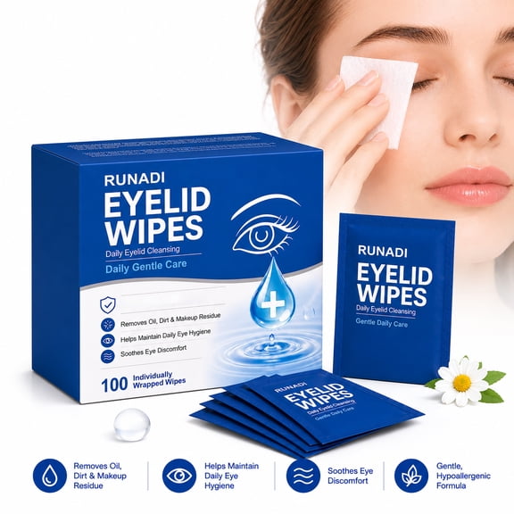 RUNADI Eyelid Wipes, 100 Count, Infused with Aloe Vera & Tea Tree Oil, Individually Wrapped, Fragrance Free for Sensitive Eyes