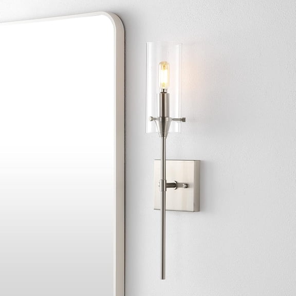 Eyely EYL7805B Cora 4.5" 1-Light Bohemian Farmhouse Iron/Glass LED Vanity for Entryway Lobby, Bathroom, Hallway, Bedroom, Modern, Contemporary, Midcentury, Nickel/Clear