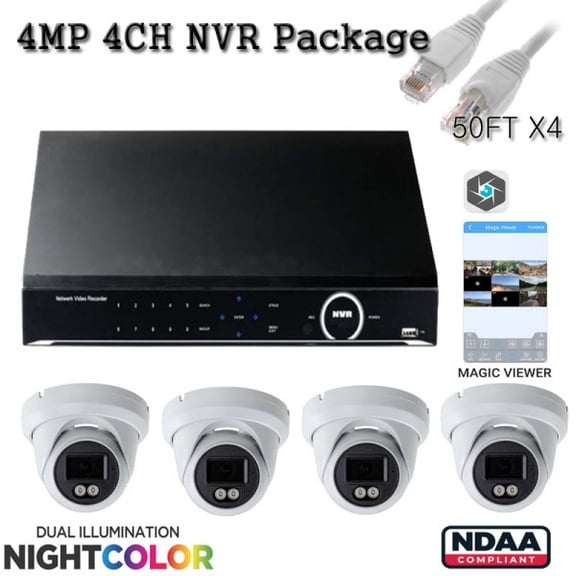 Eyemax Magic Viewer Series 4CH CCTV NVR System 2TB with 4PCS 5MP in/Outdoor Full Color IPC Network Camera Package