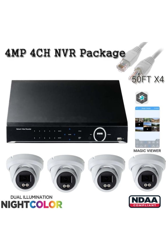Magic Viewer Series 4CH CCTV NVR System 2TB with 4PCS 5MP in/Outdoor Full Color IPC Network Camera Package